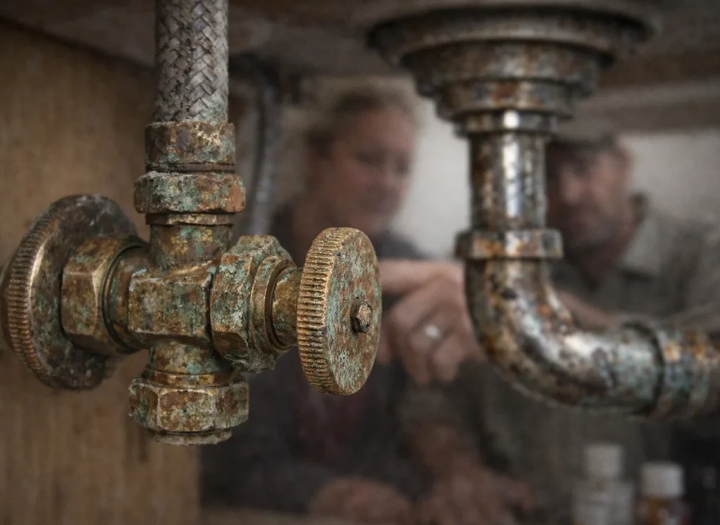 Close up of corroded shutoff valve and supply line under kitchen sink in Cedar Falls IA