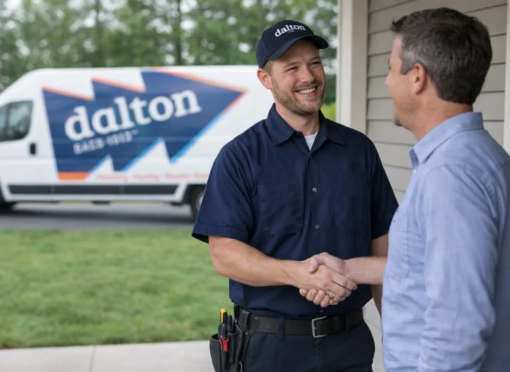 A homeowner an adult and HVAC technician shaking hands on the front porch of his home.