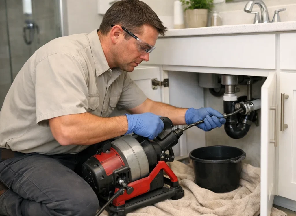 Plumber clearing a slow sink drain with a motorized drain auger in Cedar Rapids IA