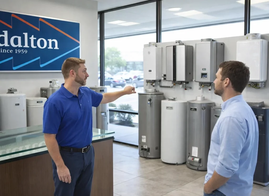 A homeowner being shown water heaters in a Dalton showroom.
