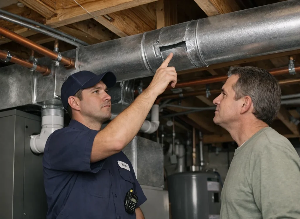 An HVAC technician pointing out to a homeowner that he has a hole in his ductwork