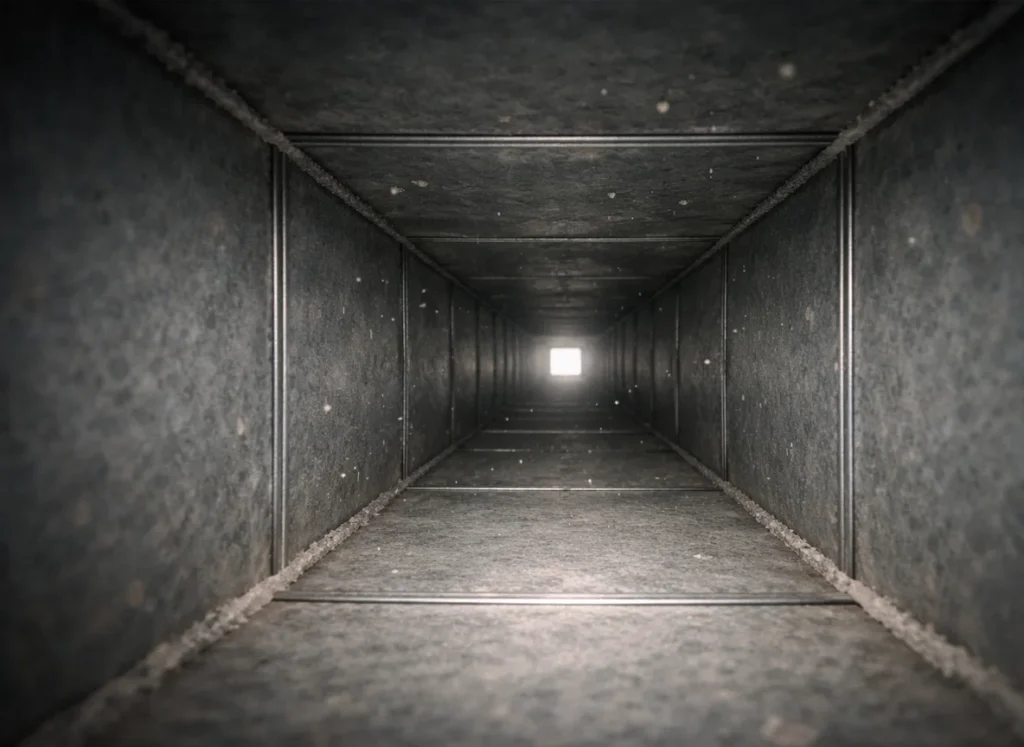 Interior of a heating duct with dust flying through it.
