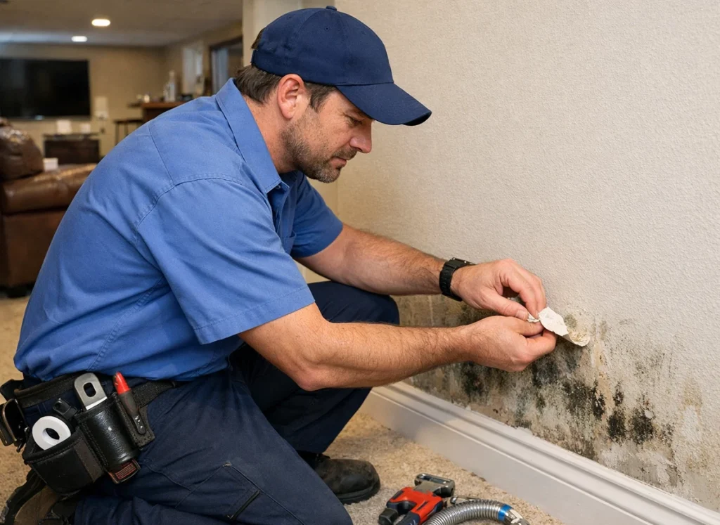 An image of a plumber, noticing mold and discoloration from a water leak inside of a wall.