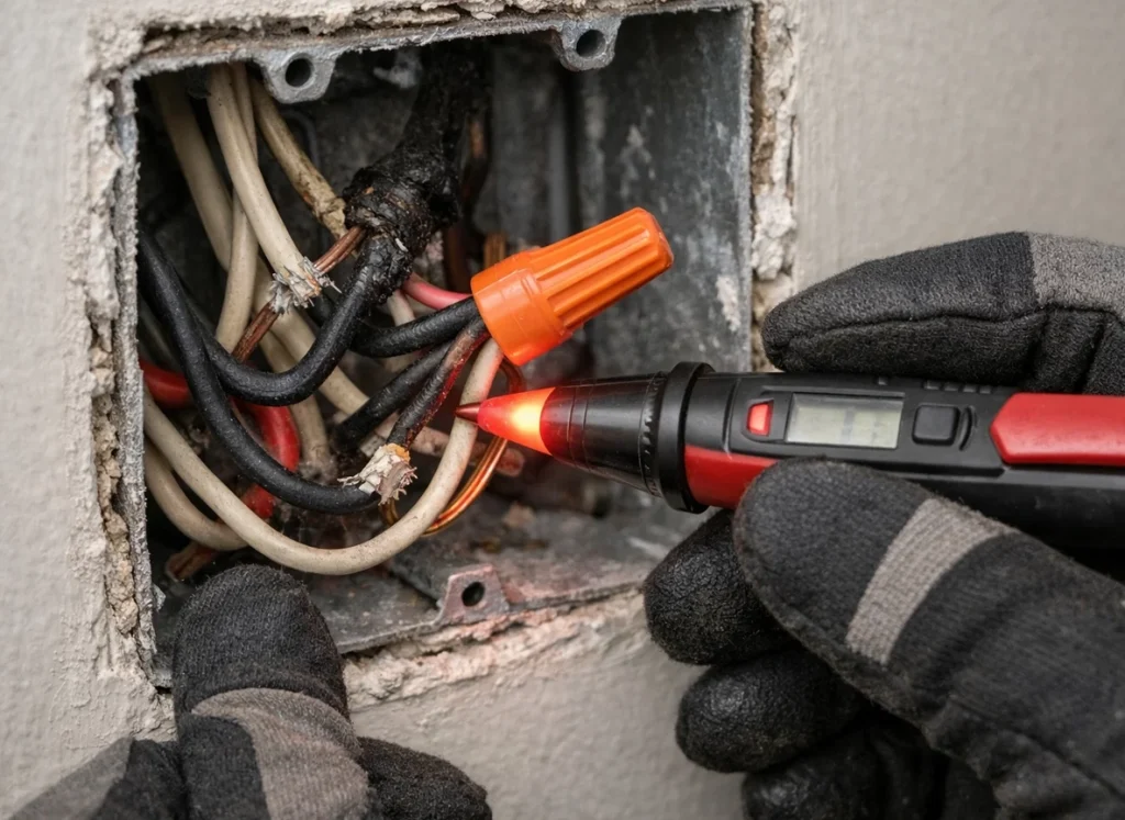 Electrician inspecting loose wiring connection behind wall switch