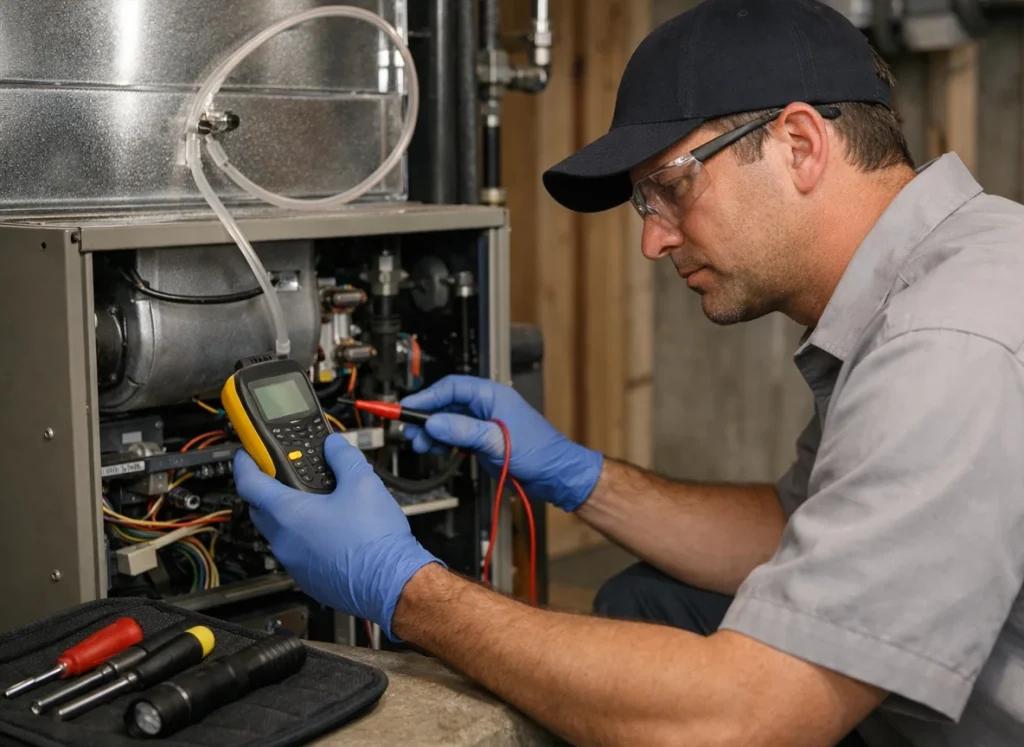 HVAC technician checking furnace static pressure and igniter during late winter repair in Cedar Falls IA
