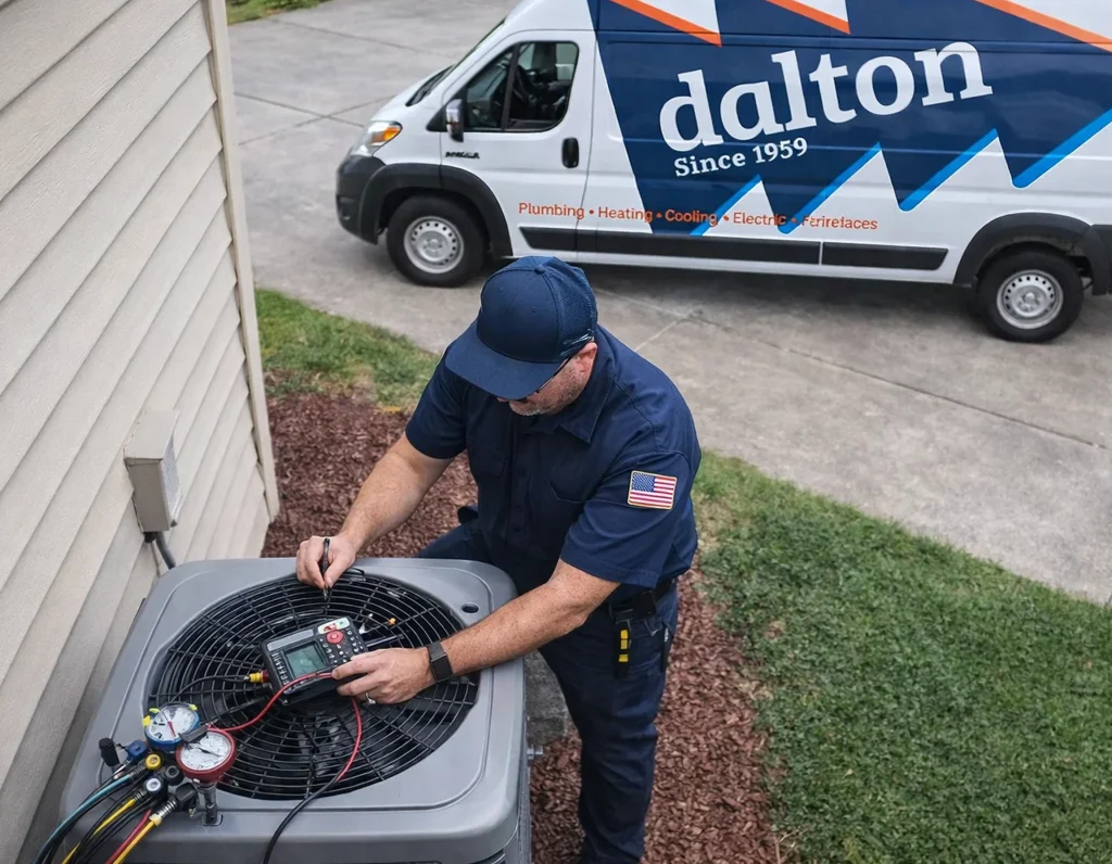 An image of an HVAC technician servicing an AC condenser unit.