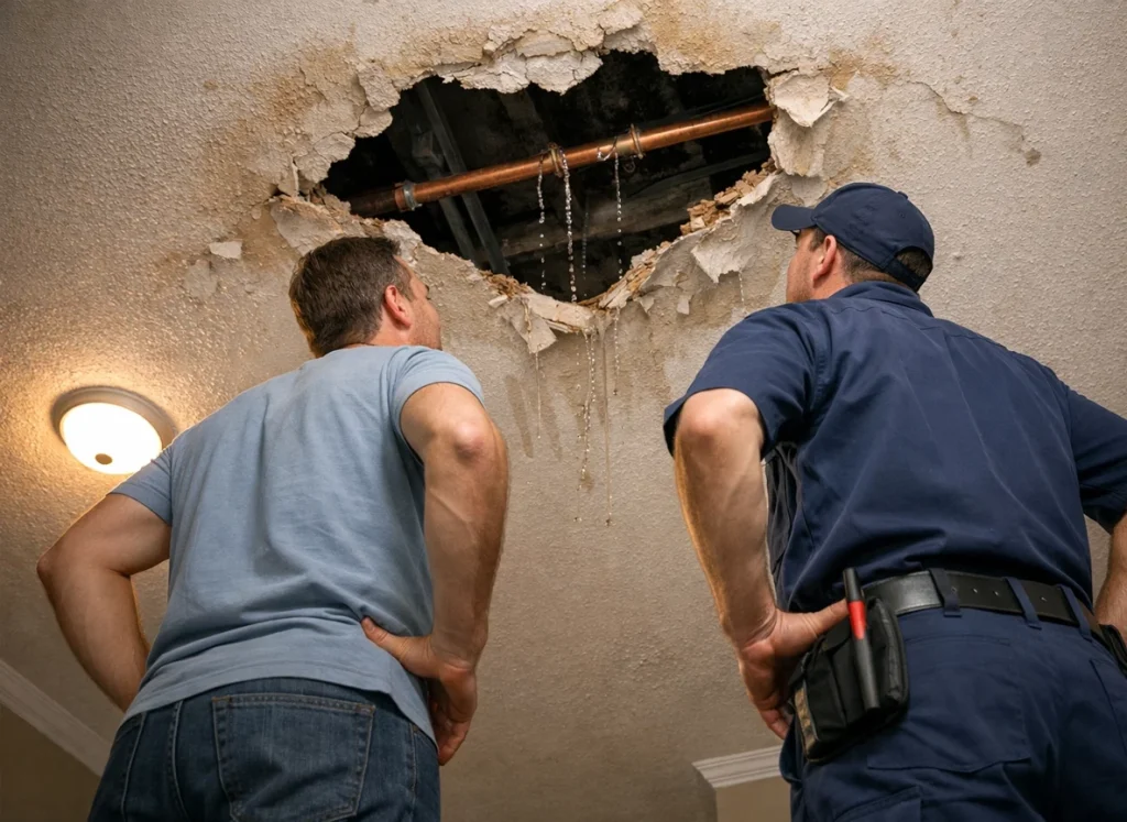 A plumber at homeowner looking up at a hole in the ceiling, where the water is leaking from the pipes underneath.