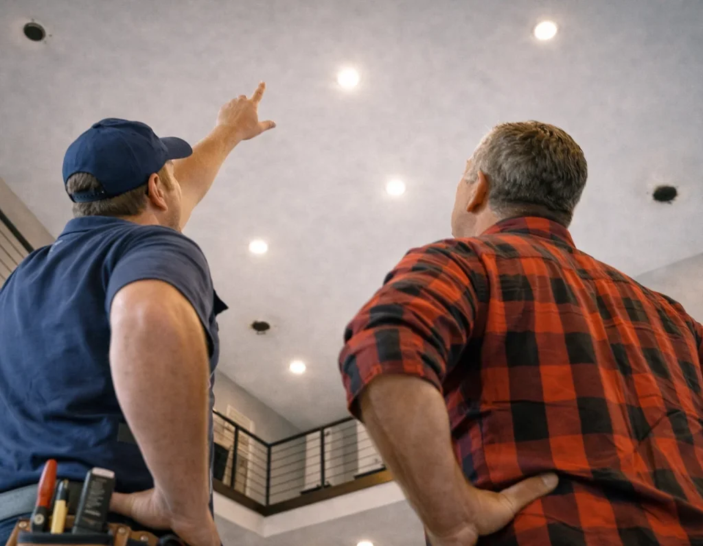 An electrician and a homeowner reviewing flickering lights.