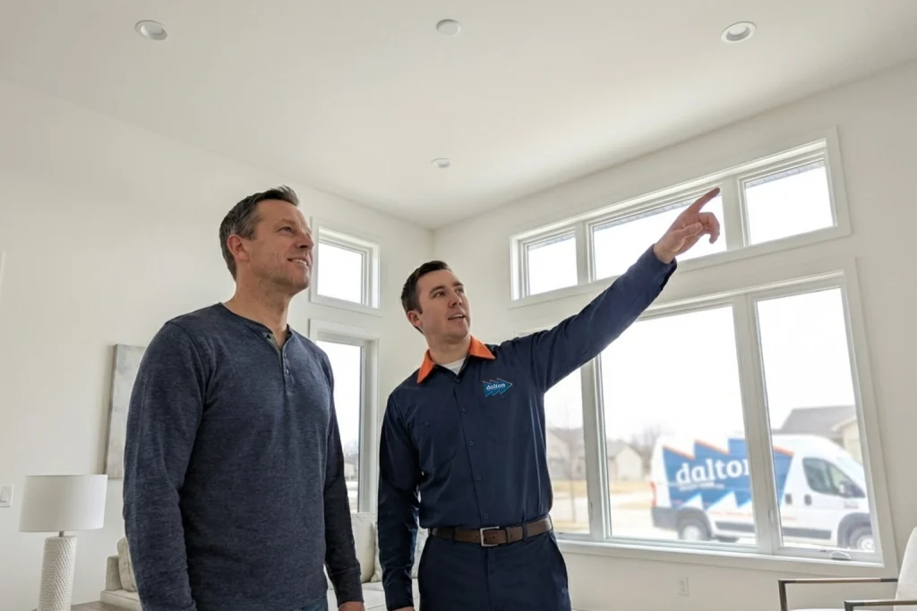 Cedar Falls homeowner discussing energy-saving electrical upgrades