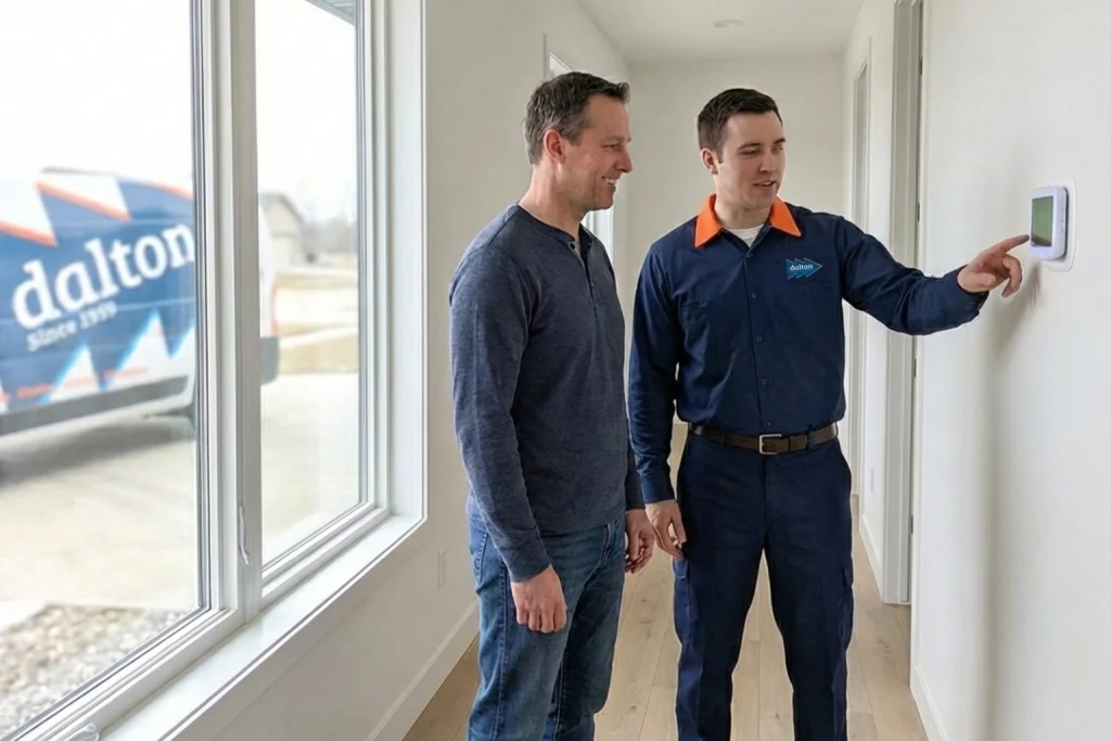 Cedar Falls homeowner discussing smart thermostat for seasonal comfort