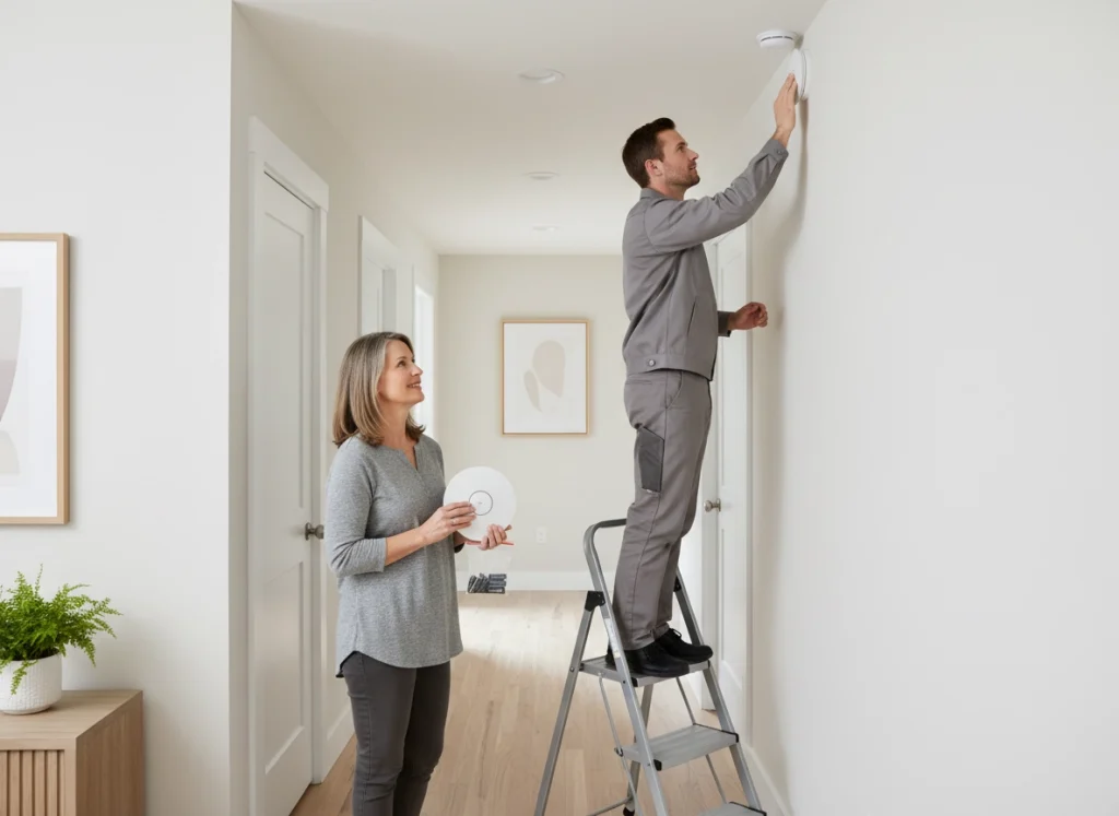 Electrician tests smoke and carbon monoxide detector with homeowner in Cedar Rapids IA