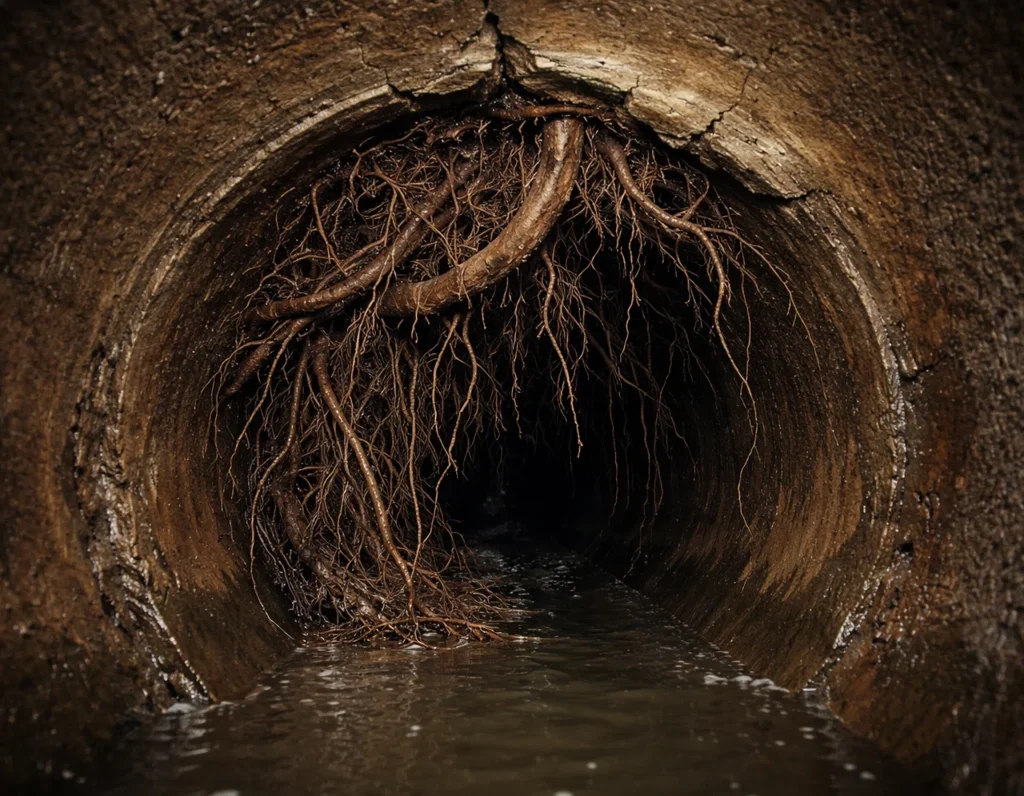 An image from inside of a sewer main pipe with roots growing through The side of it.