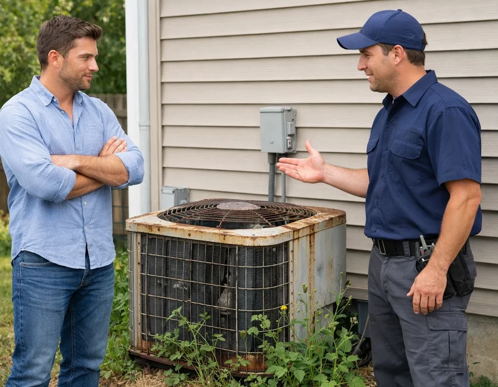 A homeowner and an HVAC technician discussing replacing an AC condenser unit.
