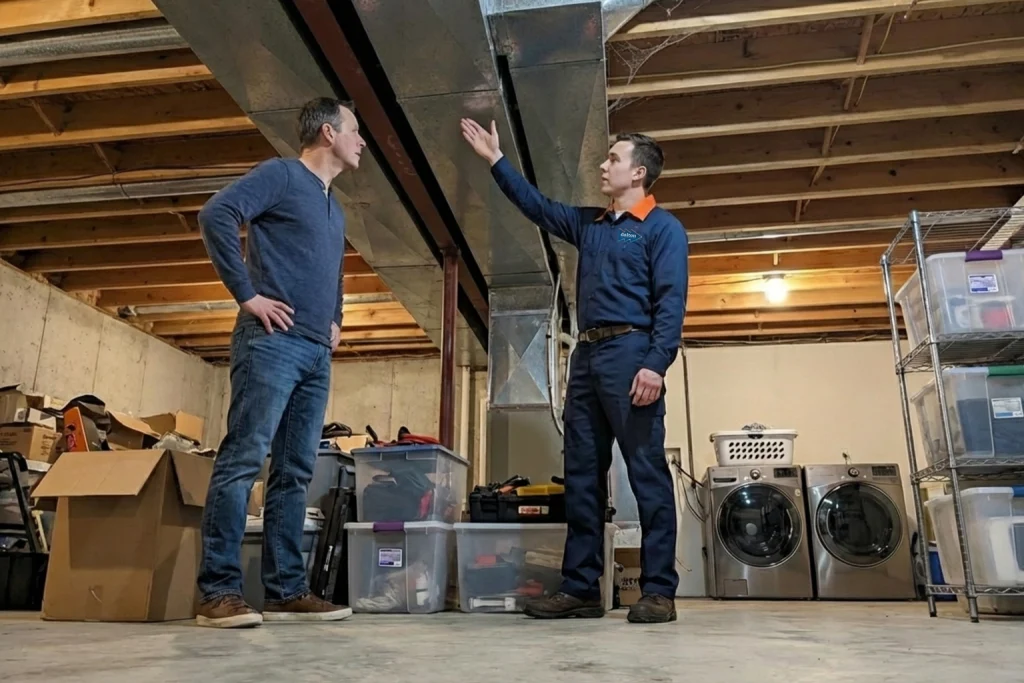 Cedar Rapids homeowner discussing spring ductwork issues with technician