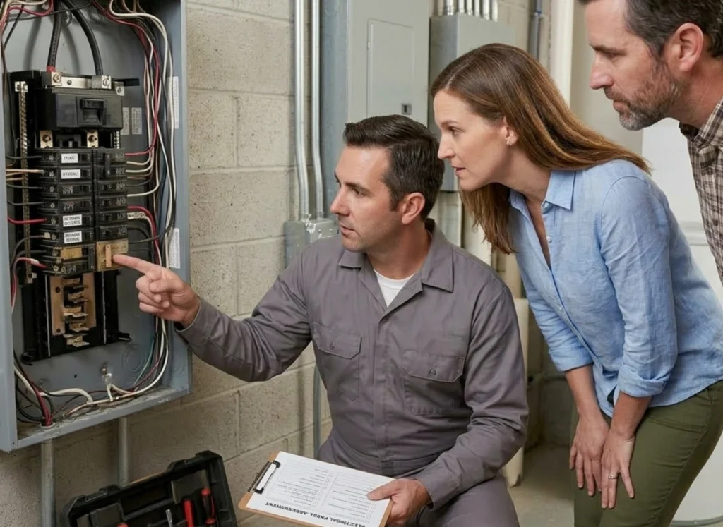 Cedar Rapids homeowner reviewing electrical panel upgrade with electrician
