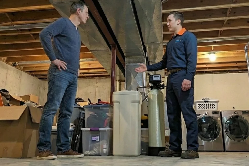 The homeowner and a plumbing discussing a water softener.