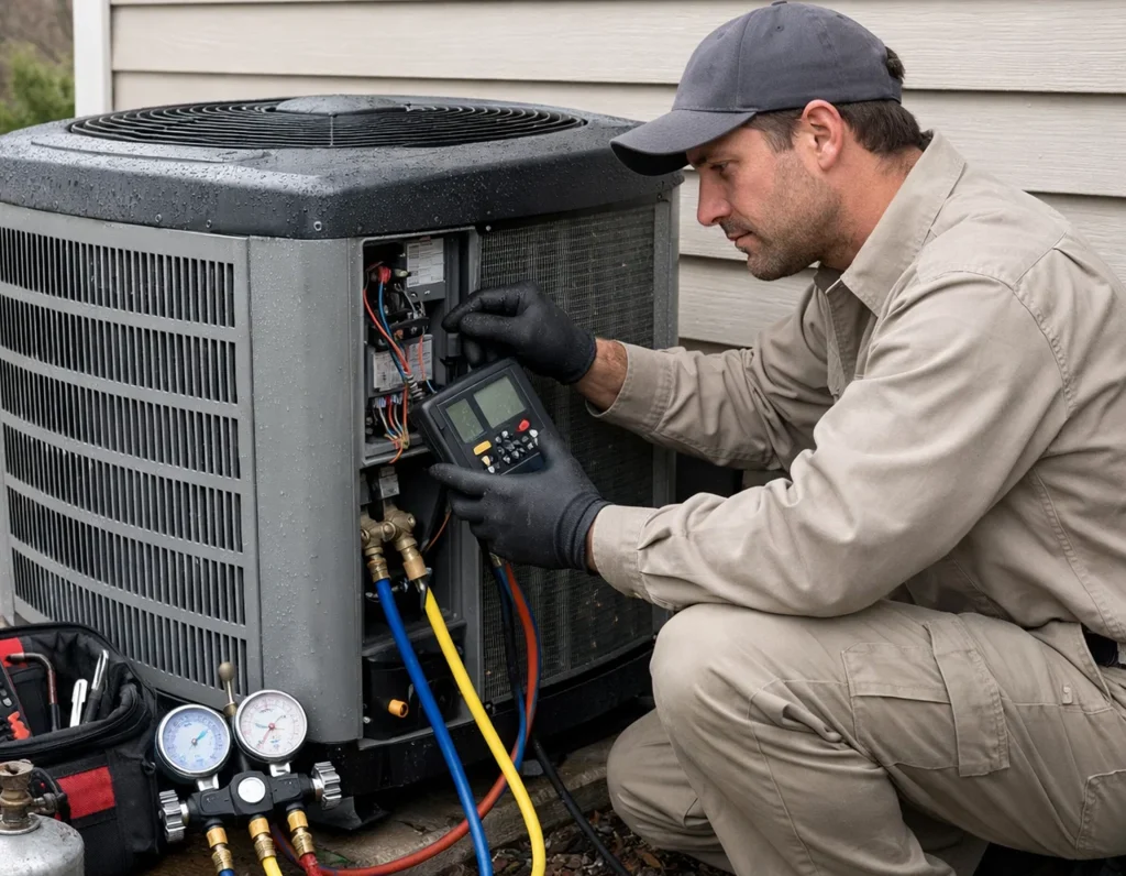 HVAC technician servicing outdoor heat pump in early spring