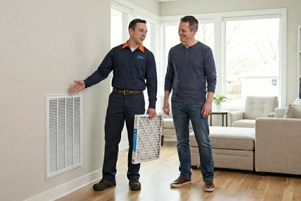 Des Moines homeowner discussing indoor air quality before allergy season