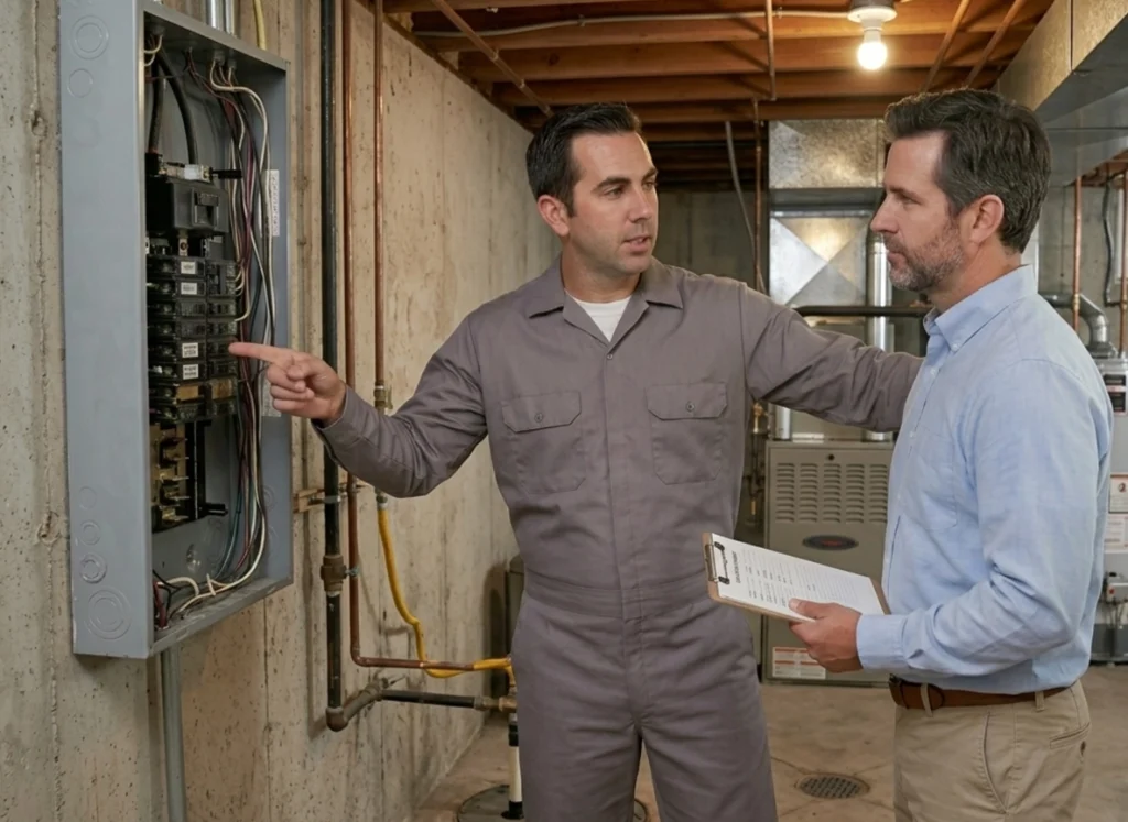 Des Moines homeowner reviewing electrical safety inspection with electrician