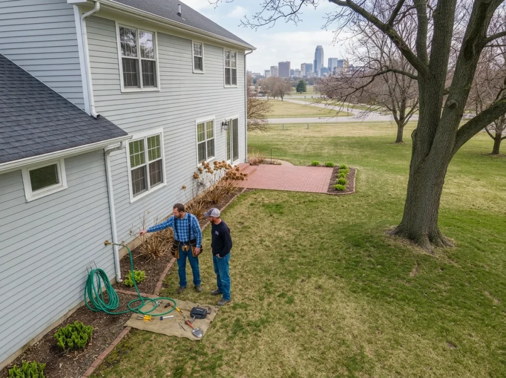 The plumber and a homeowner discussing an outdoor water stick