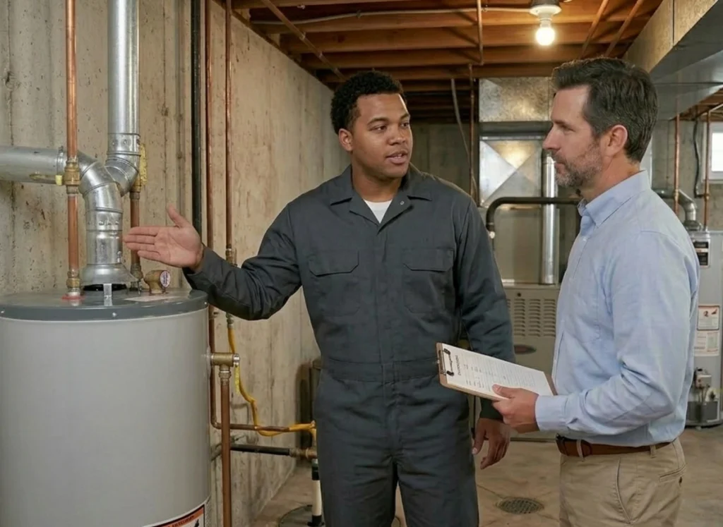 Des Moines homeowner reviewing spring water heater checkup with plumber