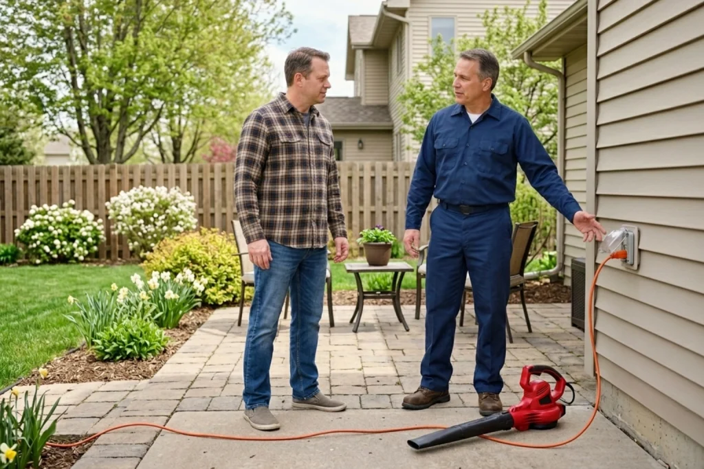 Homeowner learning outdoor electrical safety for spring yard work