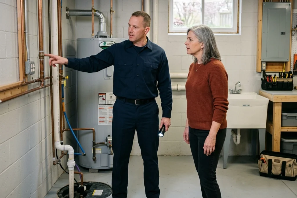 Homeowner discussing hidden leak warning signs after winter