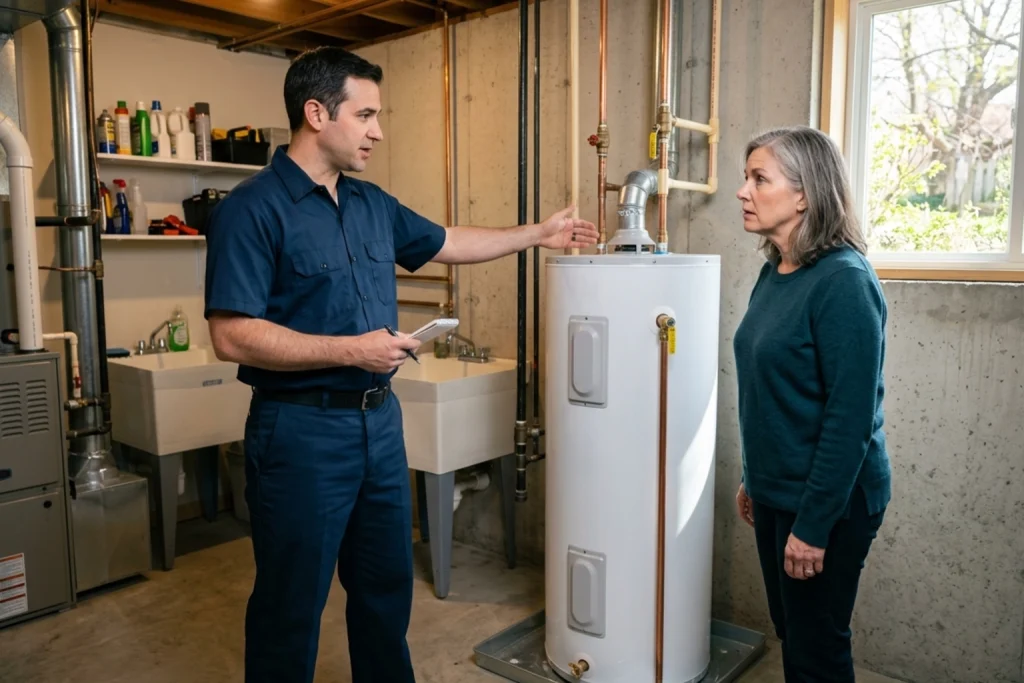 Homeowner discussing water heater warning signs with plumber