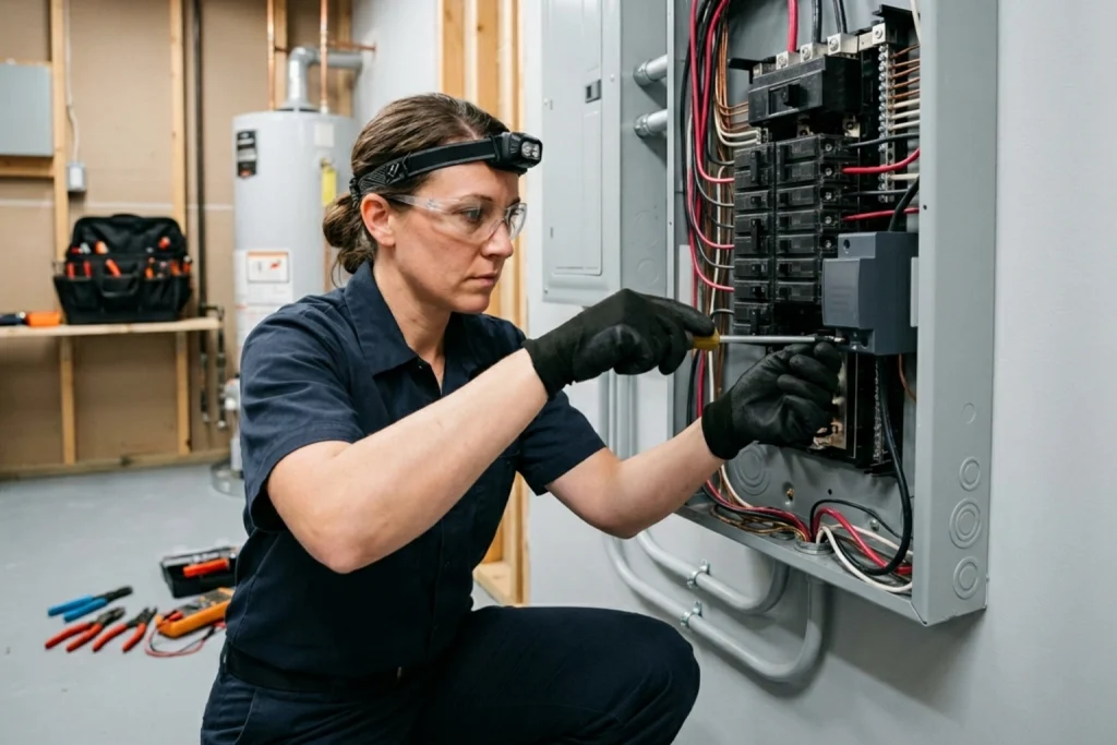 Electrician installing whole-home surge protector at panel