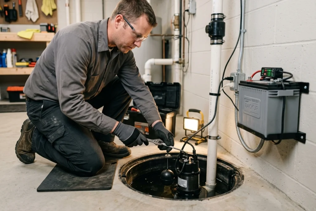 Plumber inspecting sump pump and battery backup system