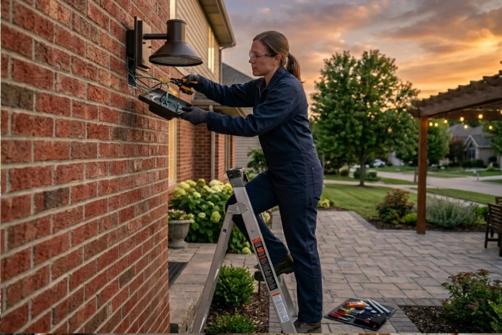 Electrician installing weatherproof outdoor lighting