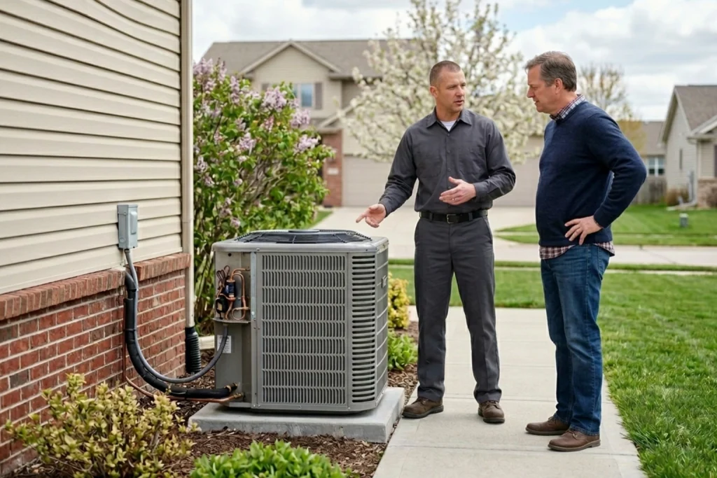 Homeowner discussing spring HVAC strain with technician