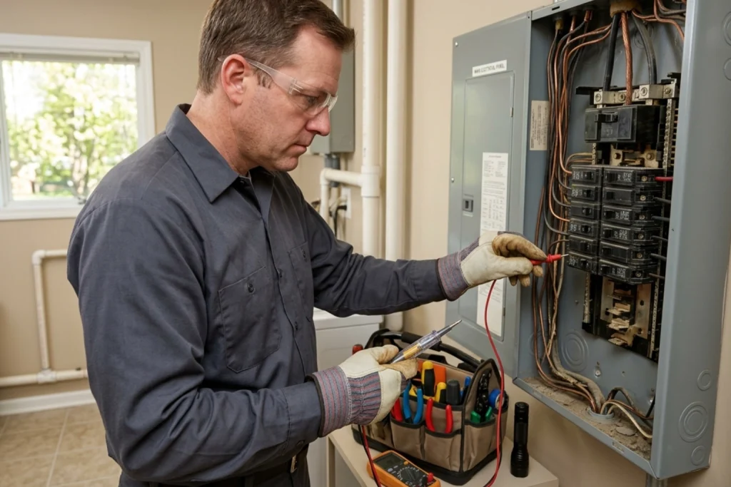Electrician inspecting residential wiring and electrical panel
