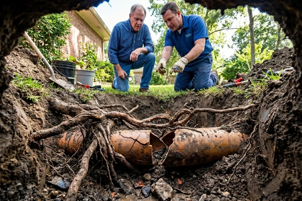 A plumber discussing broken pipes due to root damage with the homeowner.