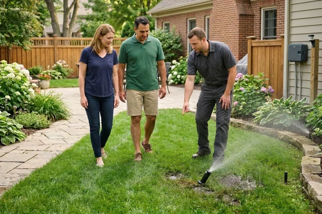 Homeowners checking sprinkler system before summer watering