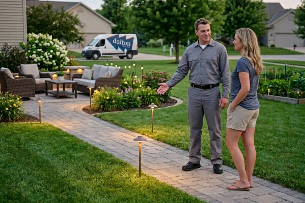 Cedar Falls homeowner reviewing outdoor lighting installation