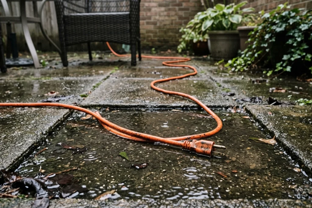 An extention cord laying in a puddle in the rain.