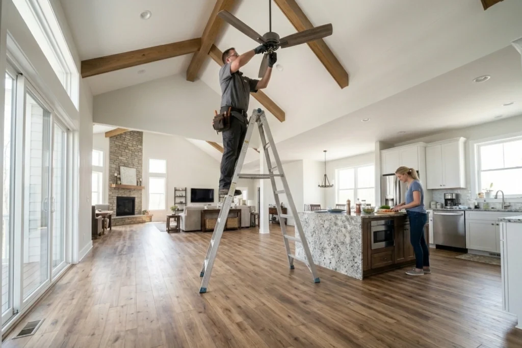 A homeowner preparing a meal at a kitchen island while an electrician installs a new ceiling fan.