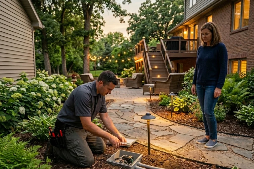 Electrician installing pathway lighting for summer evenings