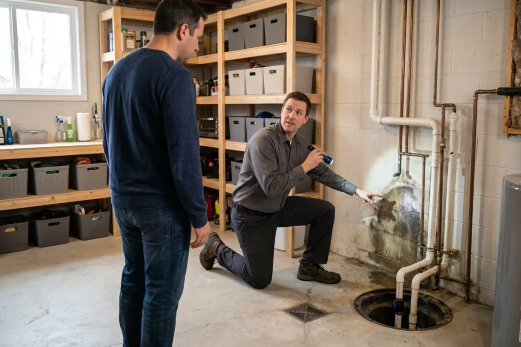Cedar Rapids homeowner discussing musty basement odor with plumber