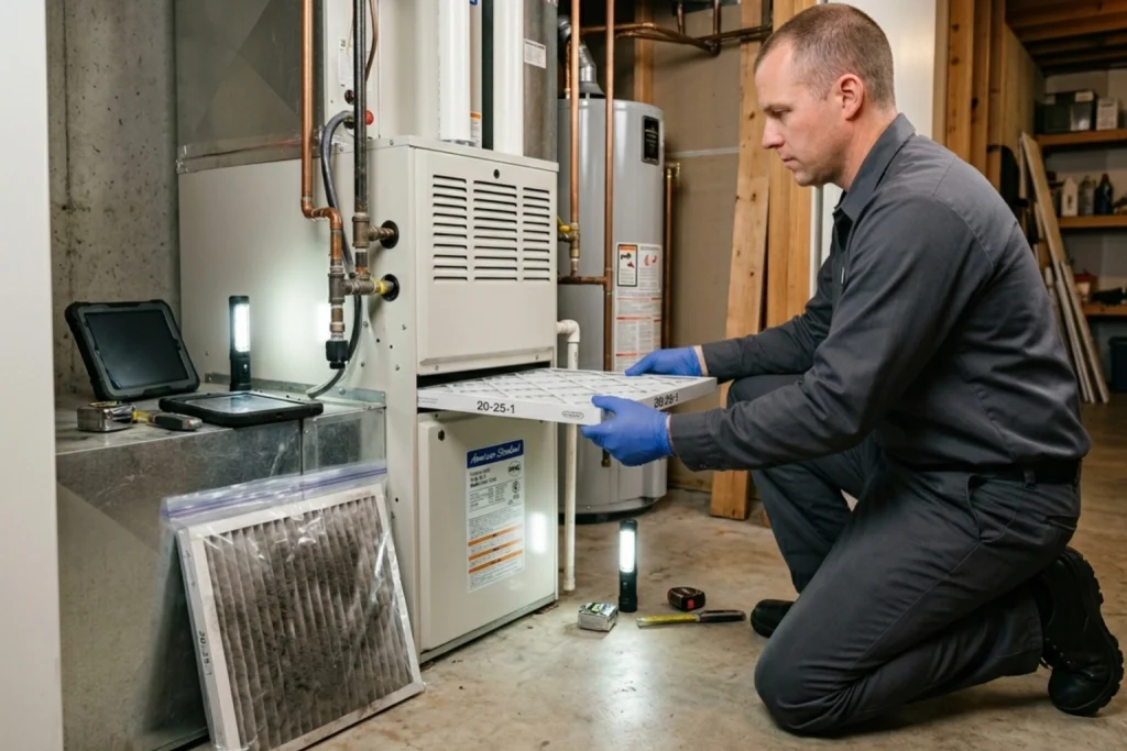 HVAC technician replacing air filter in air handler