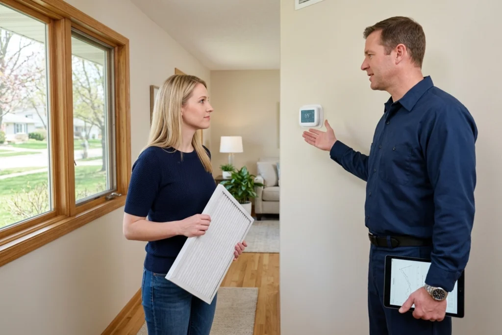Homeowner discussing spring HVAC efficiency