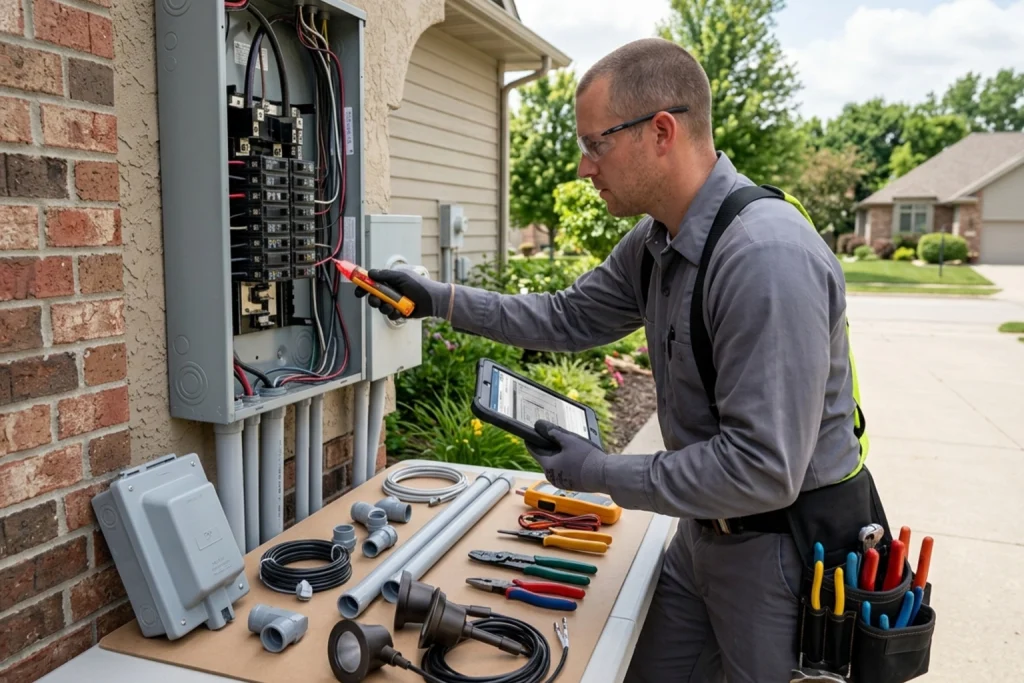 Electrician inspecting panel for summer project wiring