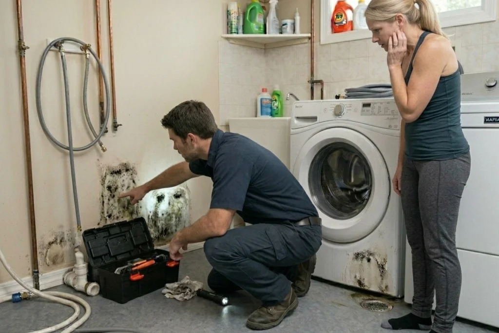 Plumber inspecting basement sump pump and moisture control