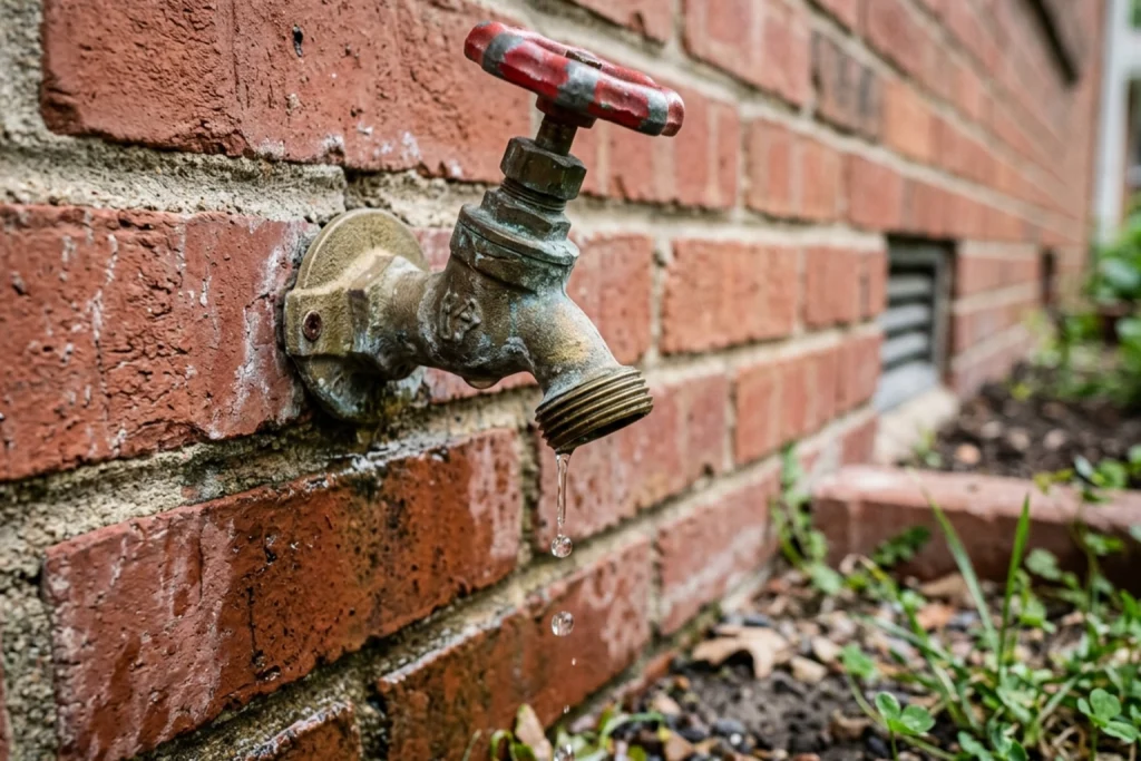 A leaking hose bib on the side of a Des Moines home.