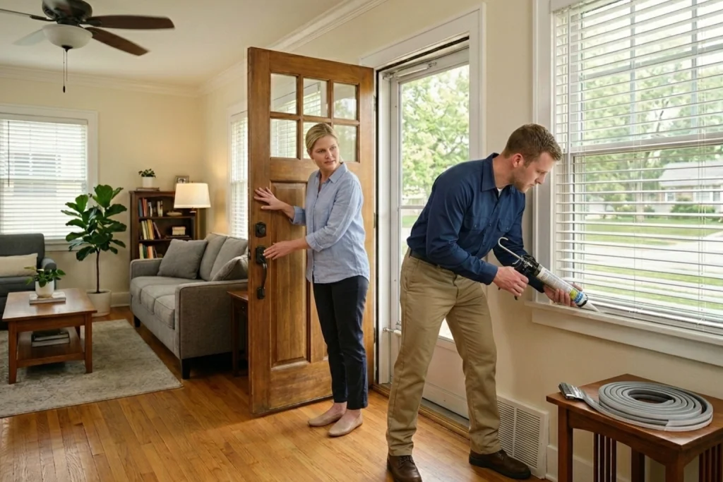 Des Moines homeowner sealing window and door leaks for cooling savings