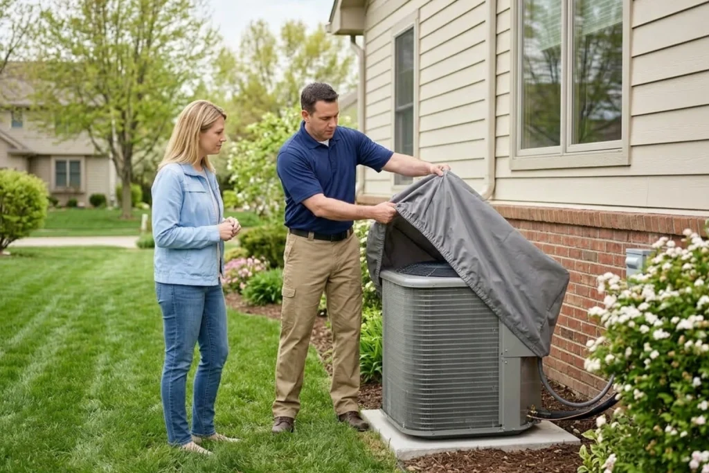 Homeowner discussing outdoor AC cover removal