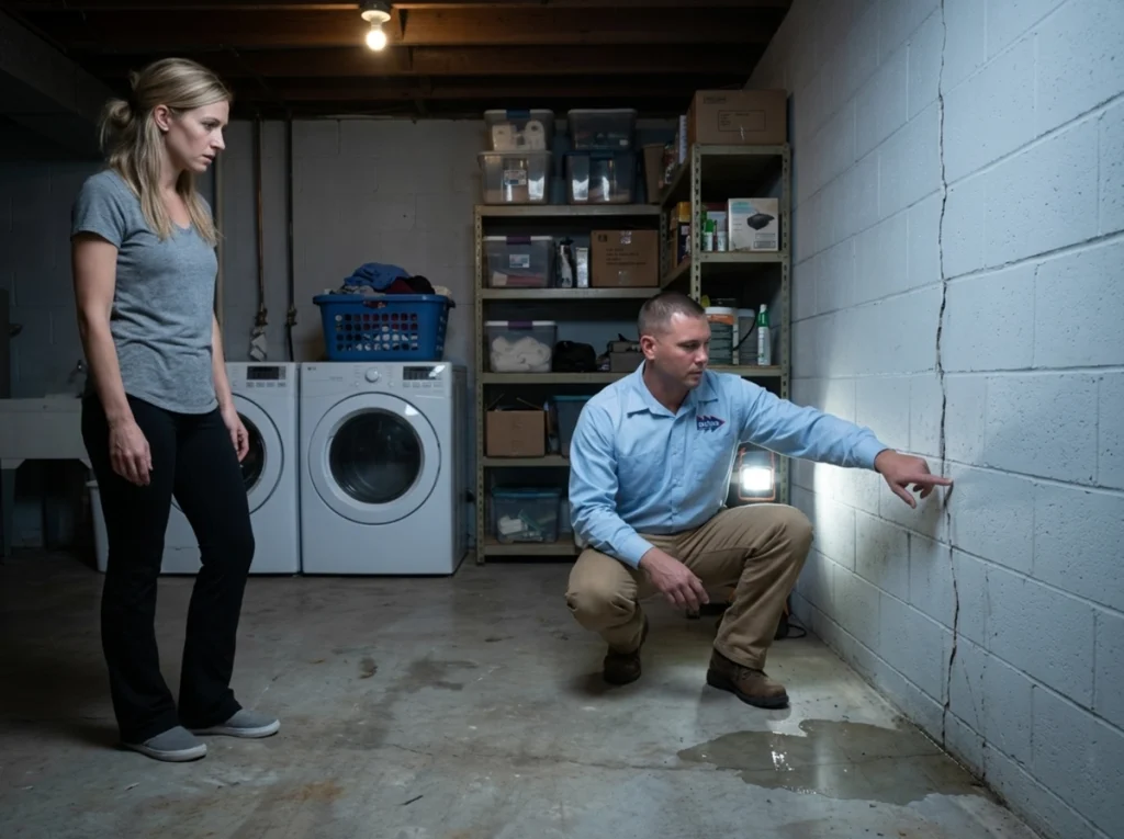 A plumber showing a homeowner a crack in the foundation.