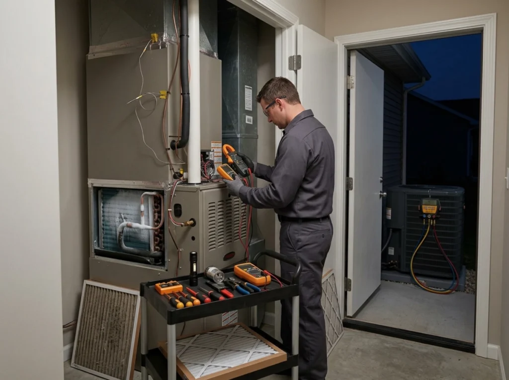 HVAC technician diagnosing an emergency air conditioning failure in Cedar Rapids