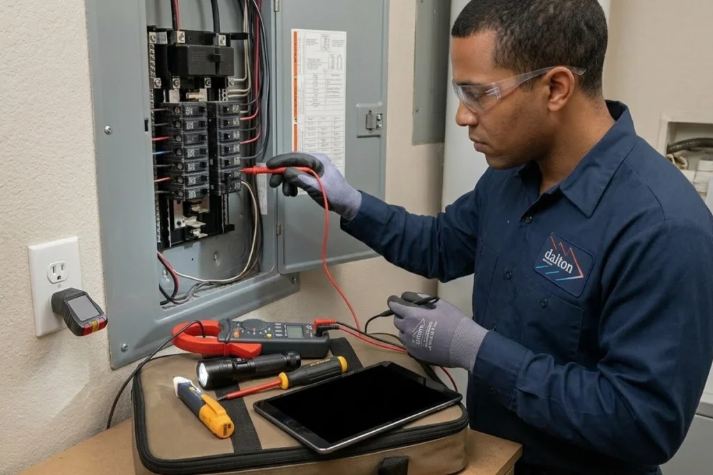 Electrician diagnosing repeated circuit breaker trips